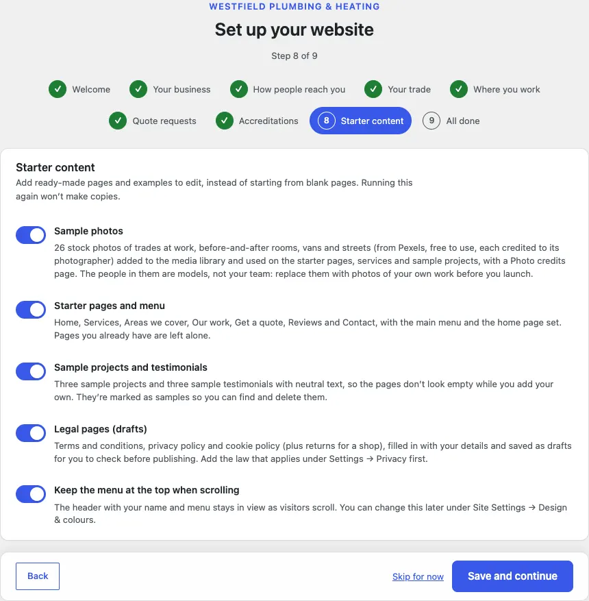 Step 8 of 9, Starter content, with switches for Sample photos, Starter pages and menu, Sample projects and testimonials, Legal pages (drafts) and Keep the menu at the top when scrolling