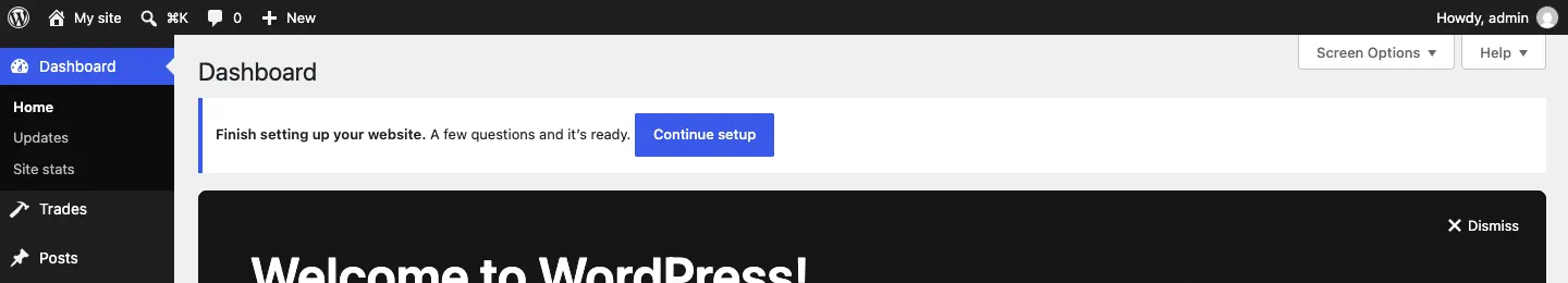 The WordPress Dashboard with a blue reminder at the top: "Finish setting up your website. A few questions and it's ready." and a Continue setup button