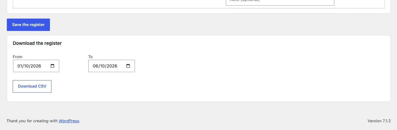 The bottom of the Attendance screen: the Save the register button, then Download the register with From 01/10/2026, To 06/10/2026 and a Download CSV button