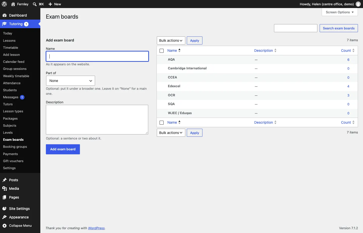 The Exam boards screen with AQA, Edexcel, OCR and the other boards