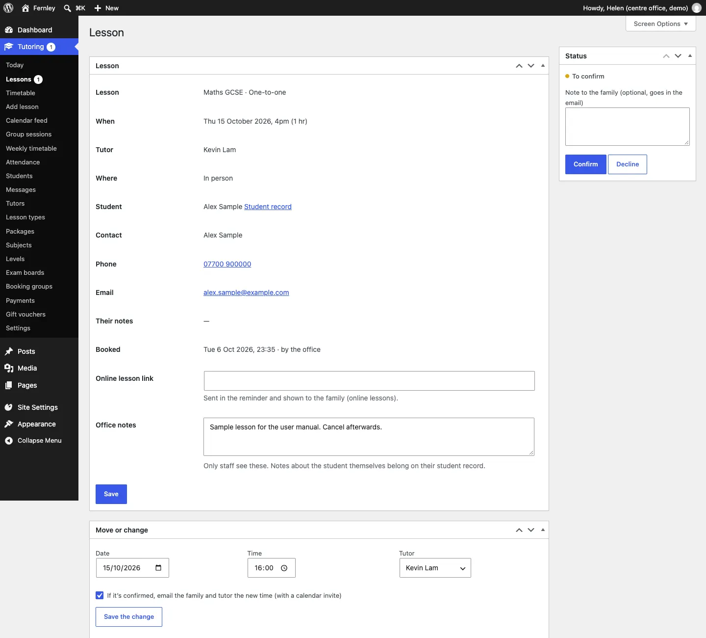 The lesson screen for a request: Maths GCSE one-to-one on Thursday 15 October at 4pm with Kevin Lam, in person, for Alex Sample, with the Status box on the right showing To confirm, a note box and the Confirm and Decline buttons