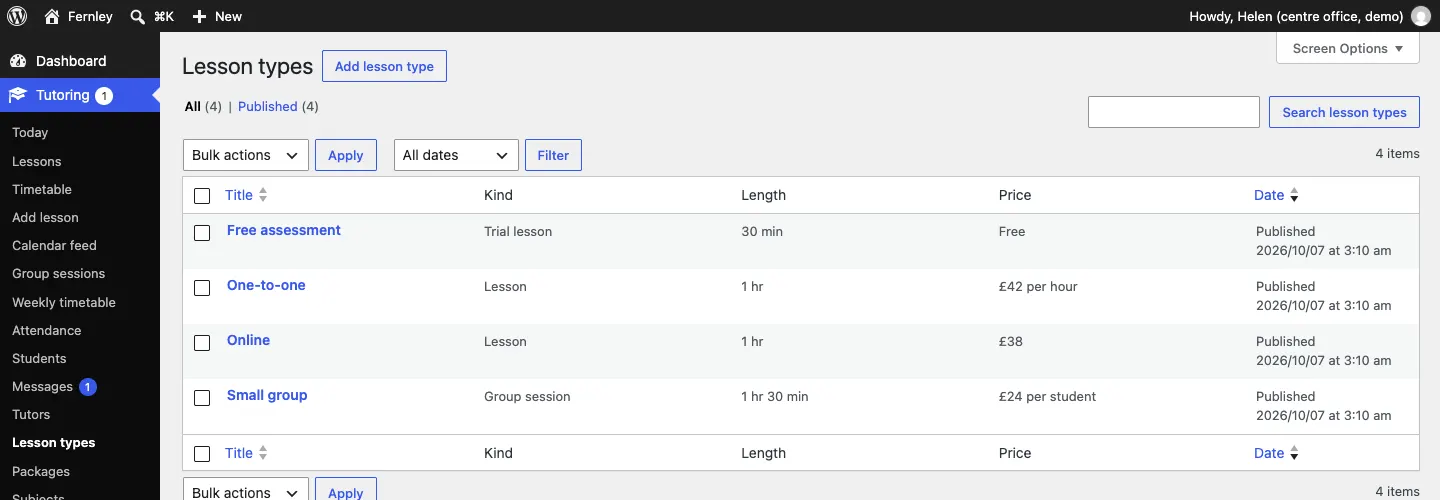 The Lesson types list with each type's Kind, Length and Price: Free assessment (trial lesson, 30 min, Free), One-to-one (lesson, 1 hr, £42 per hour), Online (lesson, 1 hr, £38) and Small group (group session, 1 hr 30 min, £24 per student)