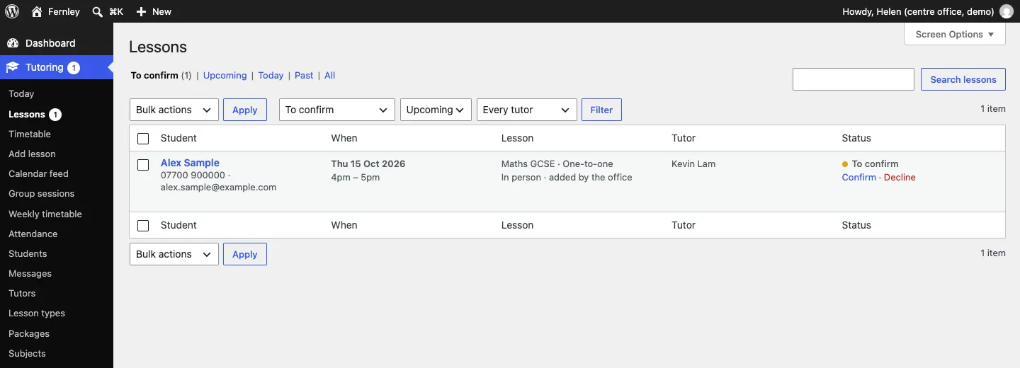 The Lessons list filtered to To confirm, showing one request