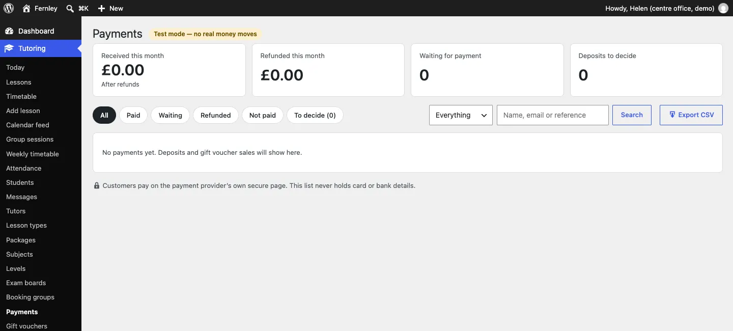 The Payments screen in test mode: received and refunded this month at £0.00, waiting for payment 0, deposits to decide 0, the filters and the note "No payments yet."
