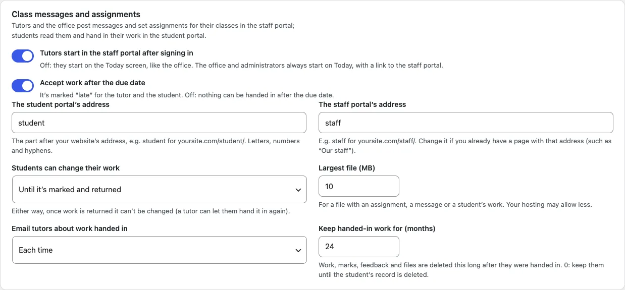 Tutoring → Settings → Lessons, the Class messages and assignments card: the portals' addresses, tutors start in the staff portal, until when students can change their work, accept late work, the largest file, emails to tutors and how long work is kept
