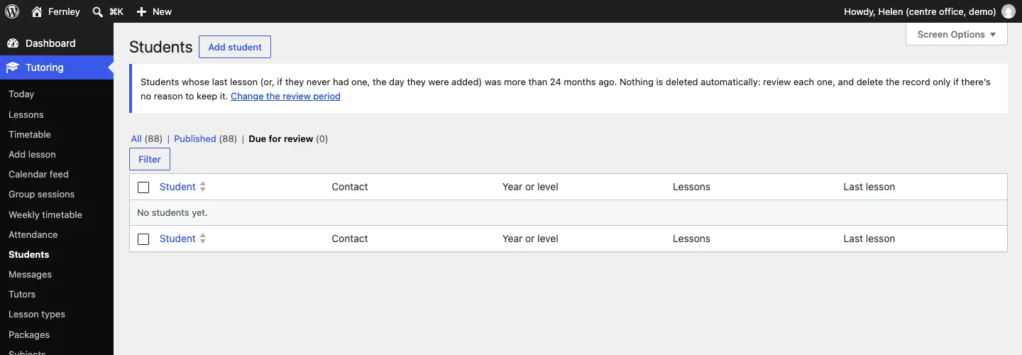 The Due for review list explaining that students whose last lesson was more than 24 months ago are listed, that nothing is deleted automatically, and a Change the review period link; the list is empty