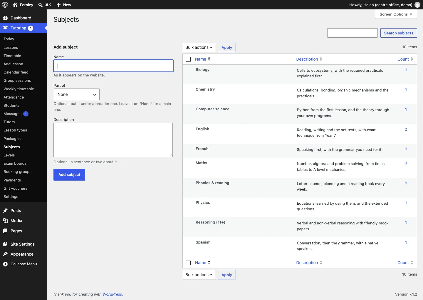 The Subjects screen: the Add subject form on the left with Name, Part of and Description, and the list of ten subjects on the right, from Biology to Spanish, each with a one-line description and the number of tutors