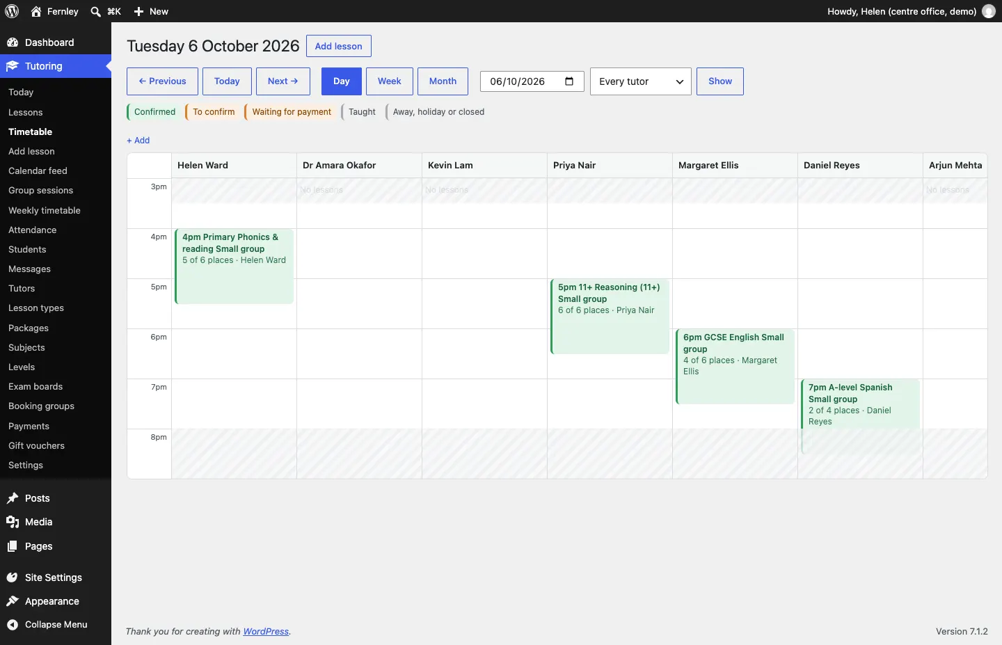The Timetable day view for Tuesday 6 October with a column for each of the seven tutors and the lessons placed by time