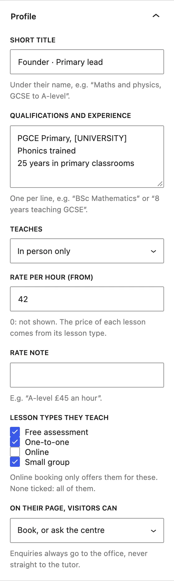 The Profile panel: Short title, Qualifications and experience, Teaches, Rate per hour (from), Rate note, Lesson types they teach and On their page, visitors can