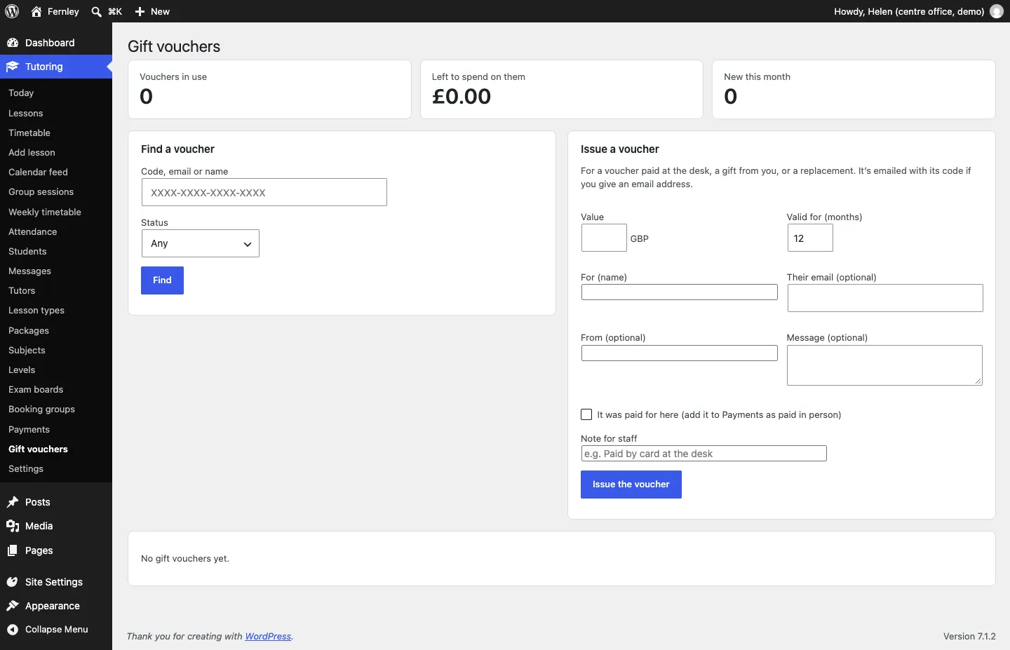 The Gift vouchers screen: vouchers in use, left to spend and new this month, the Find a voucher search, and the Issue a voucher form