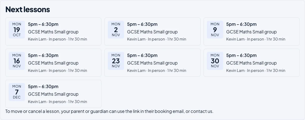 The Next lessons section: Monday group sessions, 5pm to 6:30pm, GCSE Maths Small group with Kevin Lam, in person, 1 hr 30 min