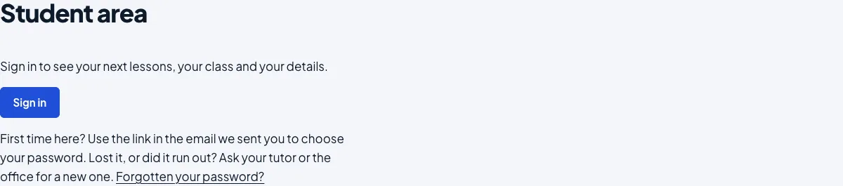The Student area page signed out: Sign in to see your next lessons, your class and your details, the Sign in button, and a note about the invitation email