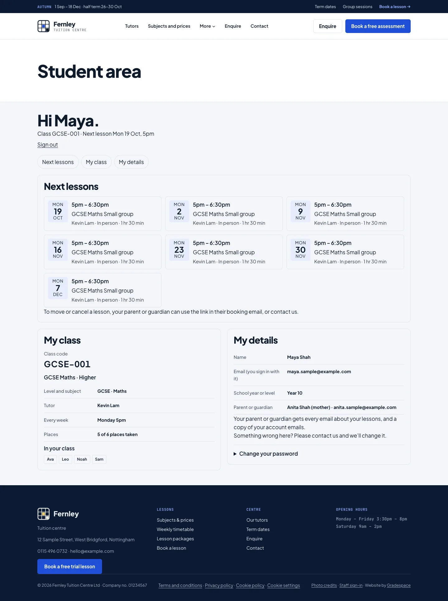 Maya's student area: Hi Maya, class GCSE-001 and her next lesson, buttons to jump to Next lessons, My class and My details, seven Monday group sessions, her class card and her details