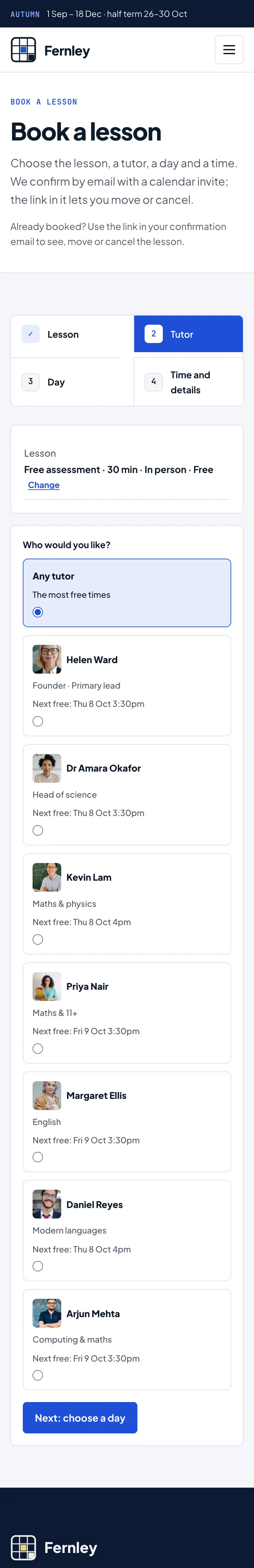 The tutor step of the booking form on a phone, with the step bar, the lesson summary and the list of tutors in one column
