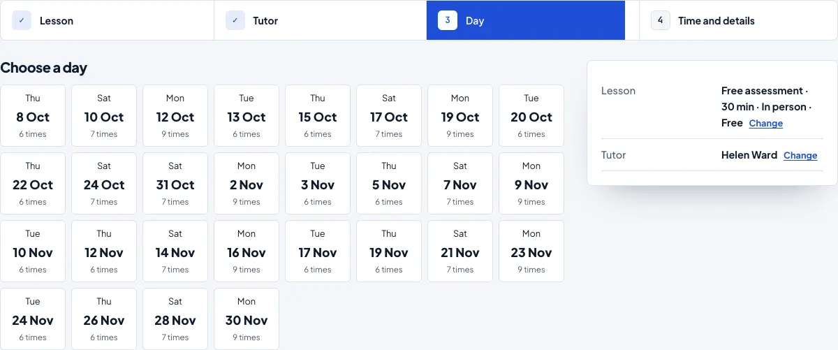Step 3: the choices so far, then a grid of days from Thu 8 Oct to Mon 30 Nov, each with the number of free times