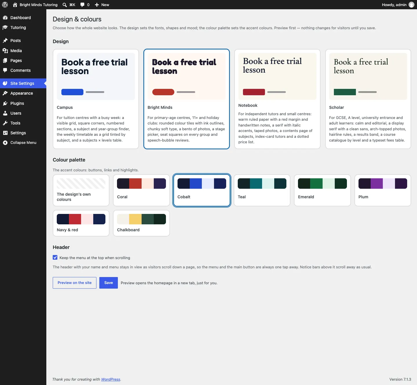 The Bright design selected, with its own colour palettes shown underneath and Cobalt selected