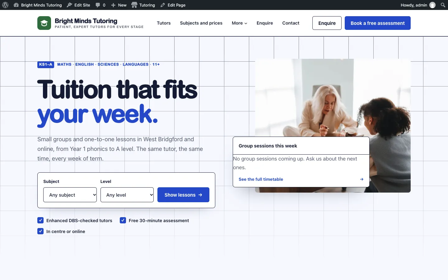 The home page previewed in a new tab in the Bright design with the Cobalt palette, before saving