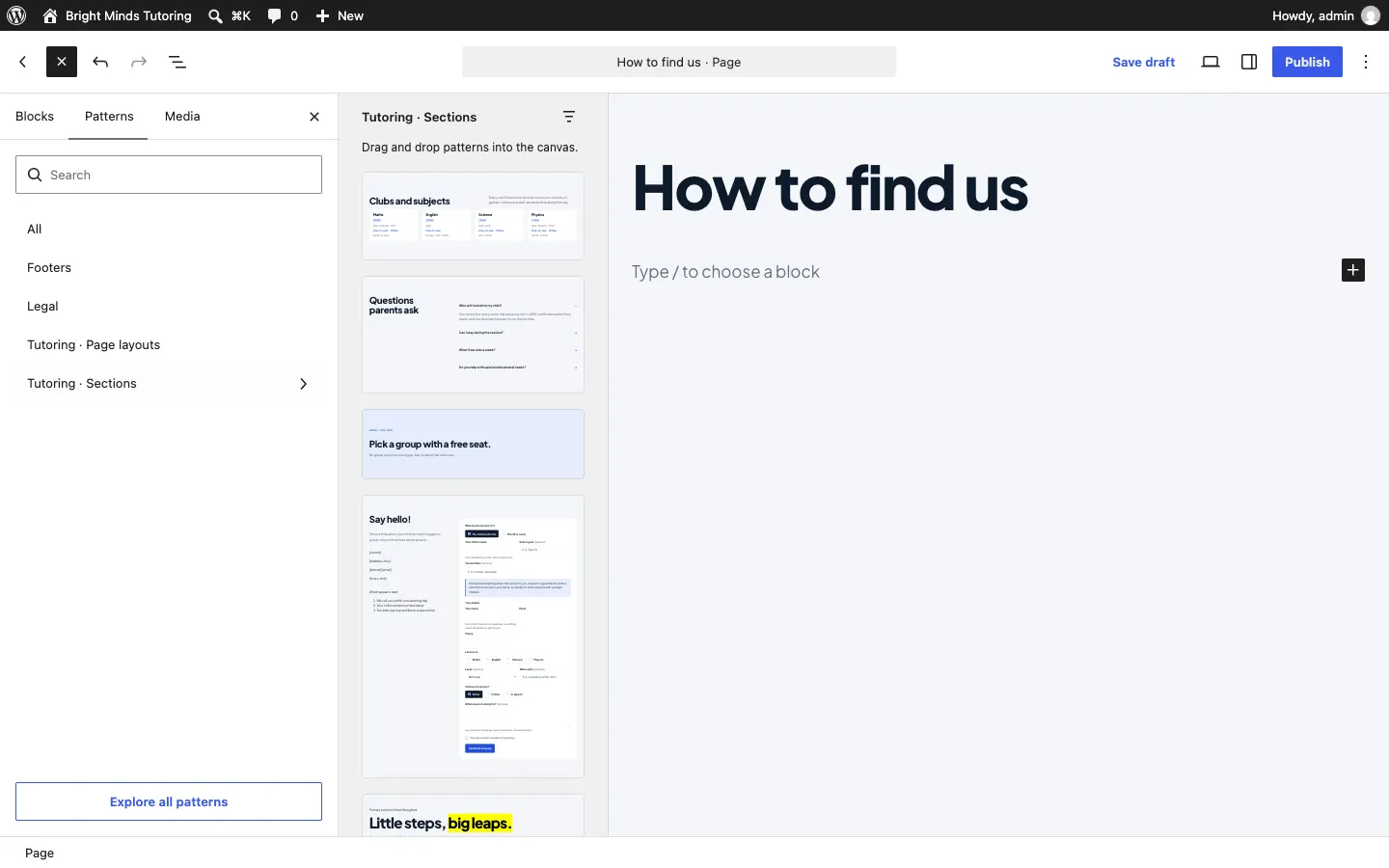 The previews of the Tutor kit's Sections category on the left, with the page on the right