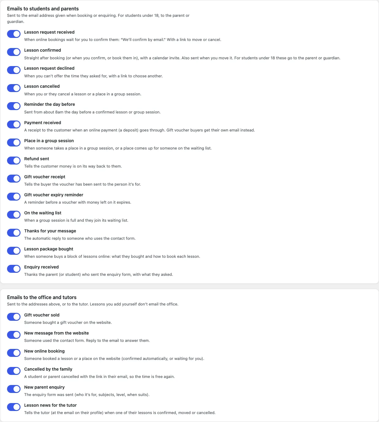 The Emails to students and parents and Emails to the office and tutors cards, with a switch for each email and a line saying who gets it and when, all switched on