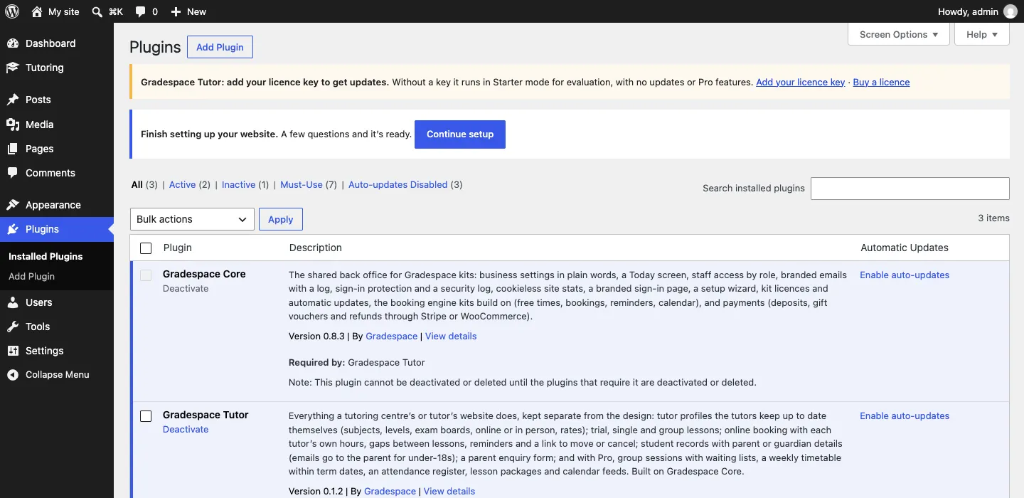 The Installed Plugins list showing Gradespace Tutor, "Requires: Gradespace Core", and Gradespace Core, "Required by: Gradespace Tutor", both active