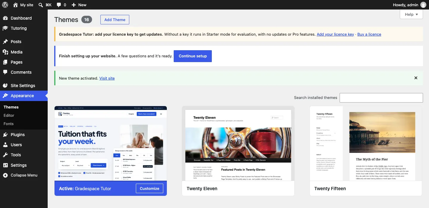The Themes screen with "Active: Gradespace Tutor", a notice "New theme activated", the blue "Finish setting up your website" notice with a Continue setup button, and the Site Settings menu on the left