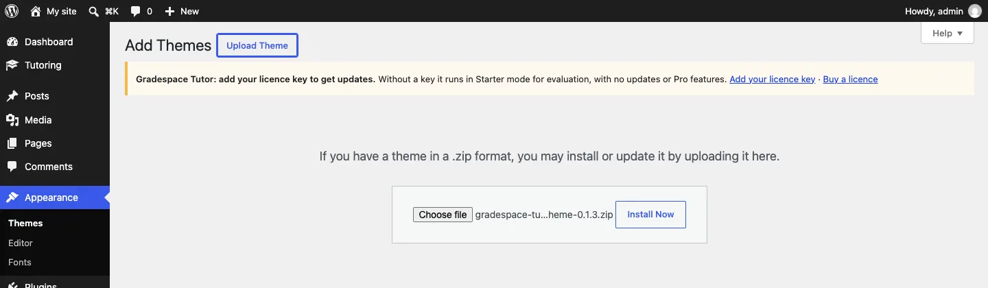 The Add Themes screen with the Upload Theme button pressed and the gradespace-tutor-theme .zip file chosen, with an Install Now button