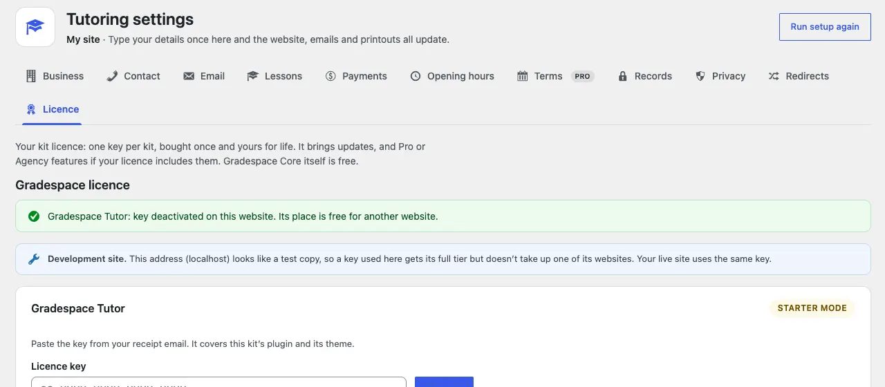 The green message "Gradespace Tutor: key deactivated on this website. Its place is free for another website." above the licence card, now back in Starter mode