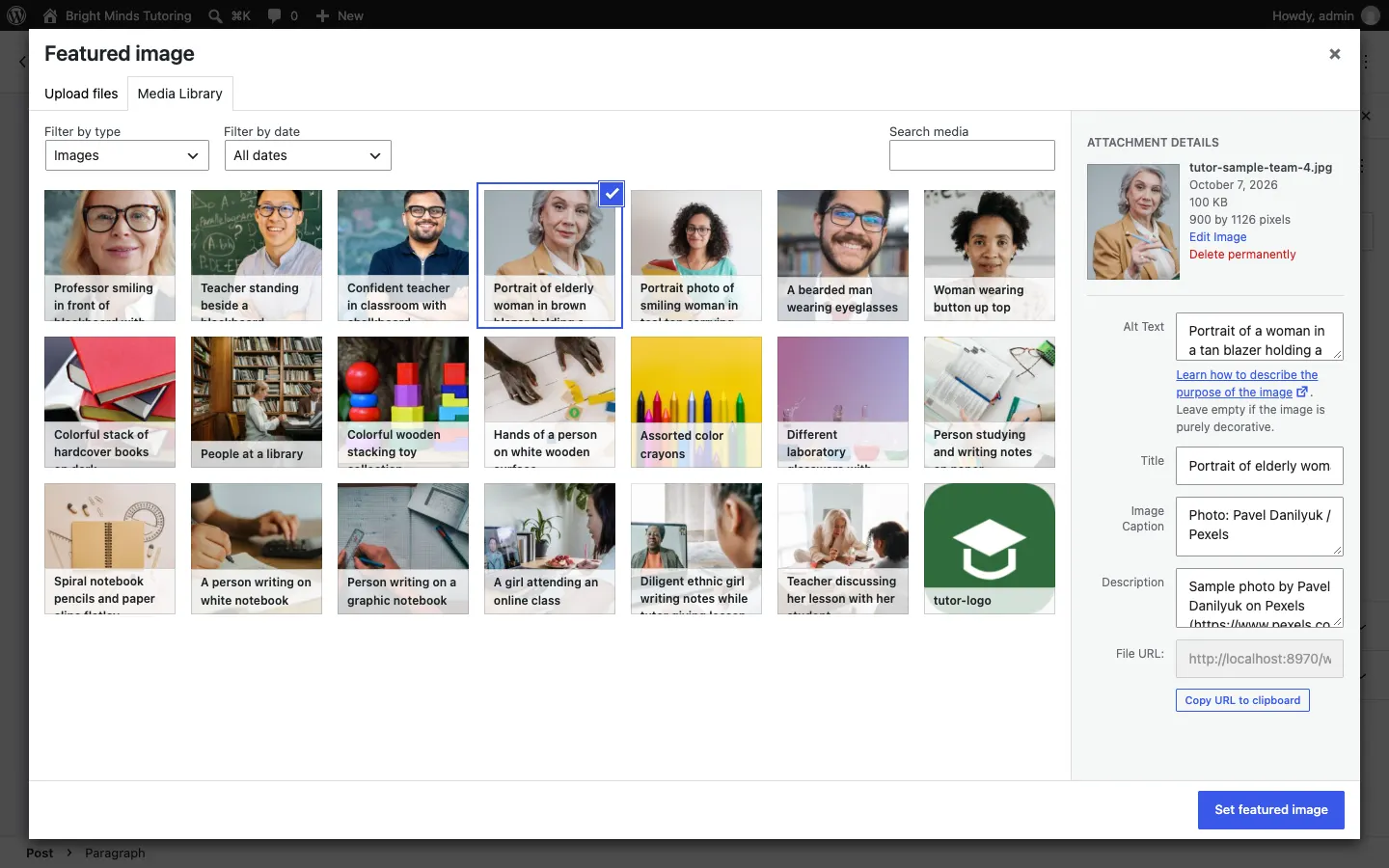 The Featured image box with the Media Library tab open, one of the sample photos selected, and the Attachment details panel on the right with its Alt Text, Title, Caption and Description boxes, and a Set featured image button