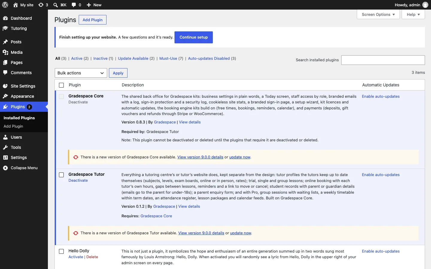 The Plugins screen with yellow lines under Gradespace Tutor and Gradespace Core: "There is a new version of Gradespace Tutor available. View version details or update now."