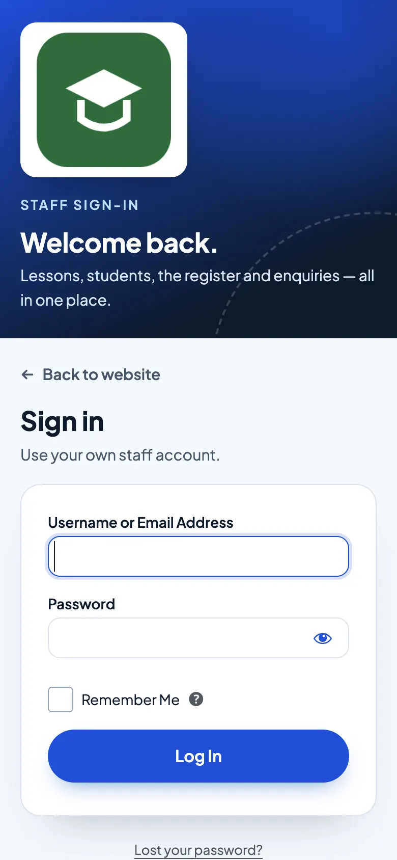 The staff sign-in page on a phone, with the logo and a short banner at the top and the sign-in form below