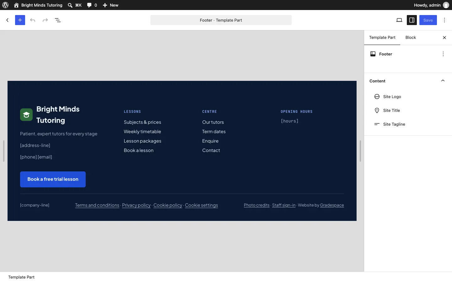 The Footer template part open in the editor, showing the logo, tagline, columns of links, the Visit us and Contact columns and the bottom line, with a Save button at the top right