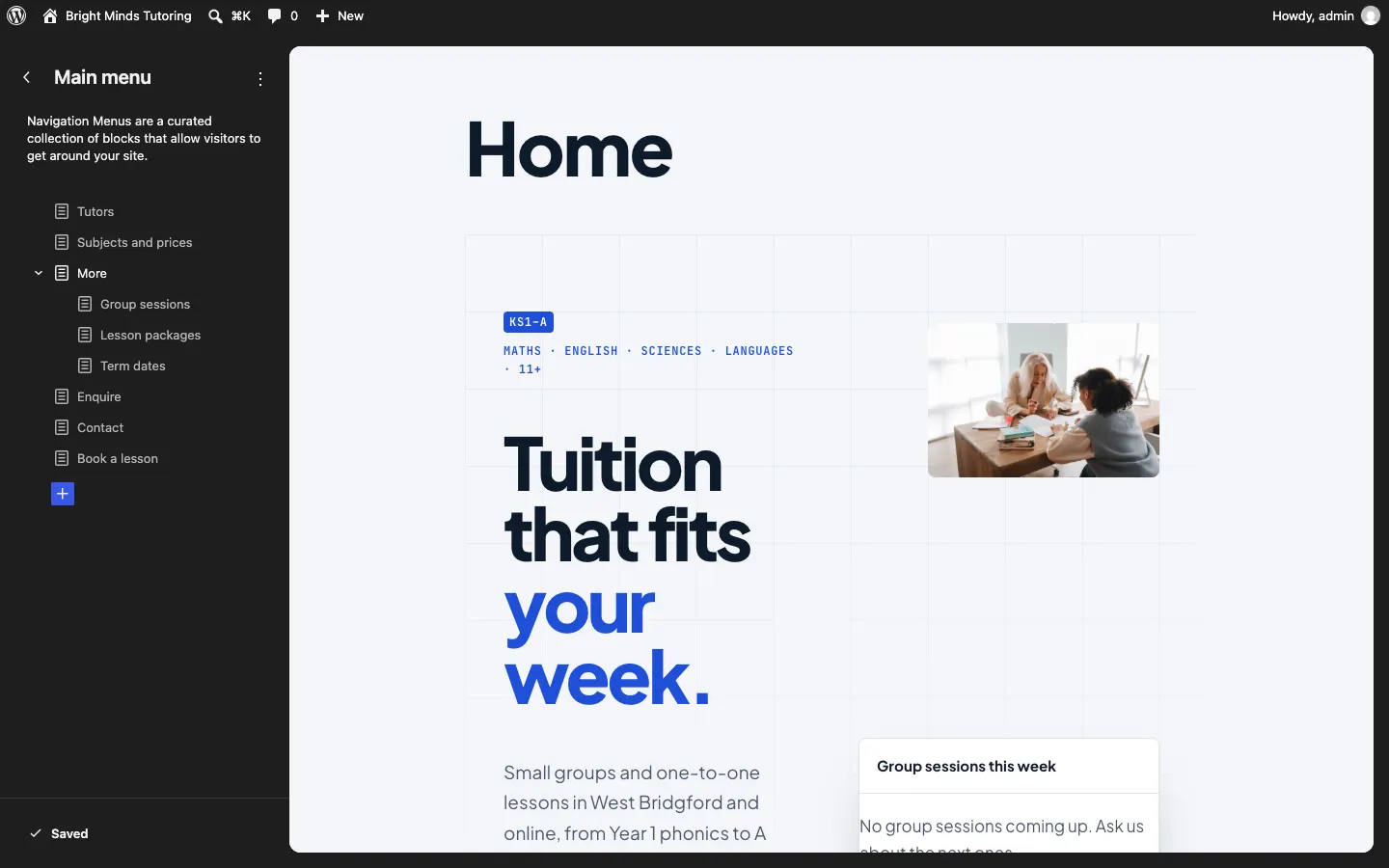 Navigation in the Site Editor: with only one menu, it opens the Main menu straight away, listing Tutors, Subjects and prices, More, Group sessions, Lesson packages, Term dates, Enquire, Contact and Book a lesson, with the home page on the right