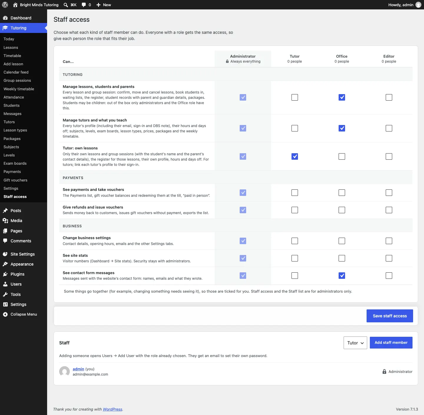The Staff access grid for Tutor, with columns Administrator (Always everything), Tutor, Office and Editor, and rows of what each role can do, grouped by area, with Save staff access below and the Staff card at the bottom