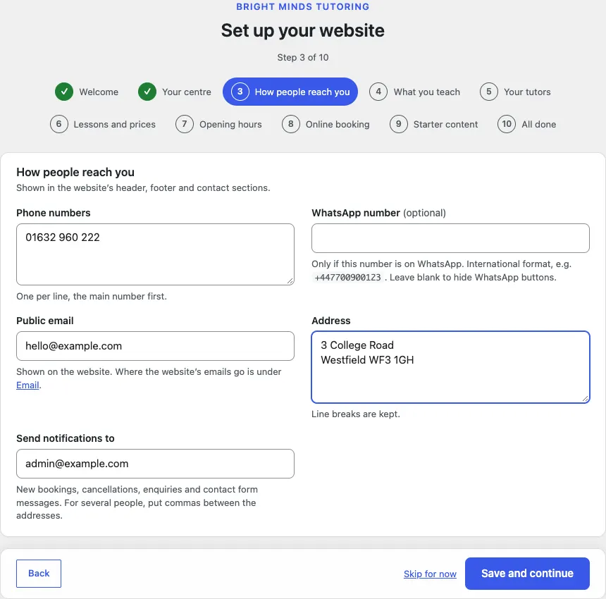 Step 3 of 10, How people reach you, with a phone number, hello@example.com, the address 3 College Road, Westfield, and the Send notifications to box