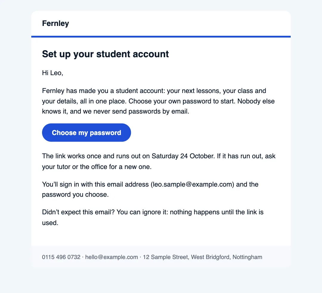 The invitation email: Set up your student account, Hi Leo, with the Choose my password button, a note that the link works once and runs out after a week, and the email address Leo signs in with