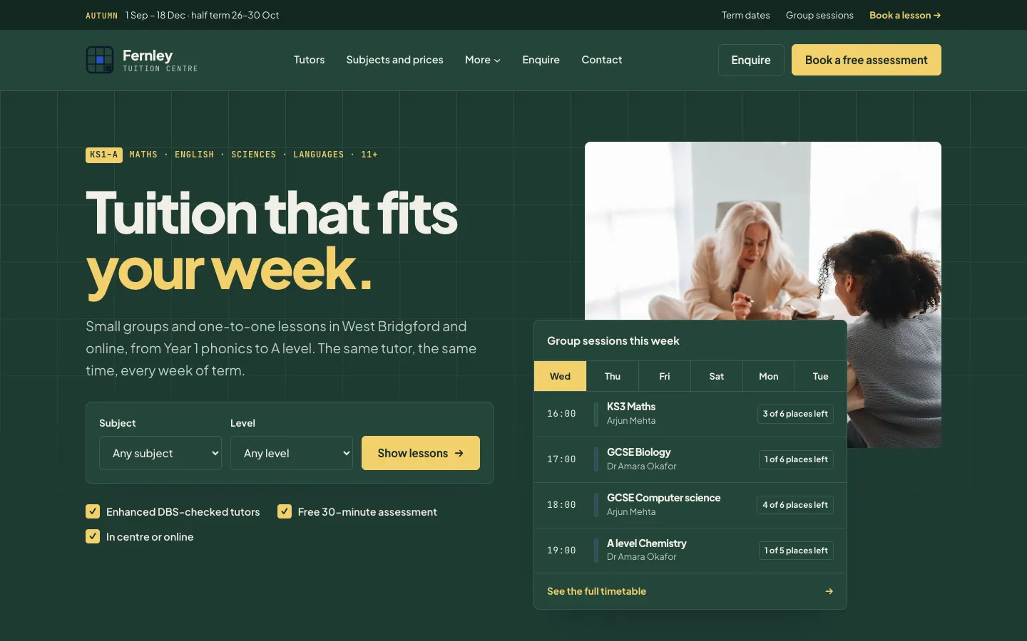 The Campus design with the dark Chalkboard palette: a dark green page with cream text and yellow buttons
