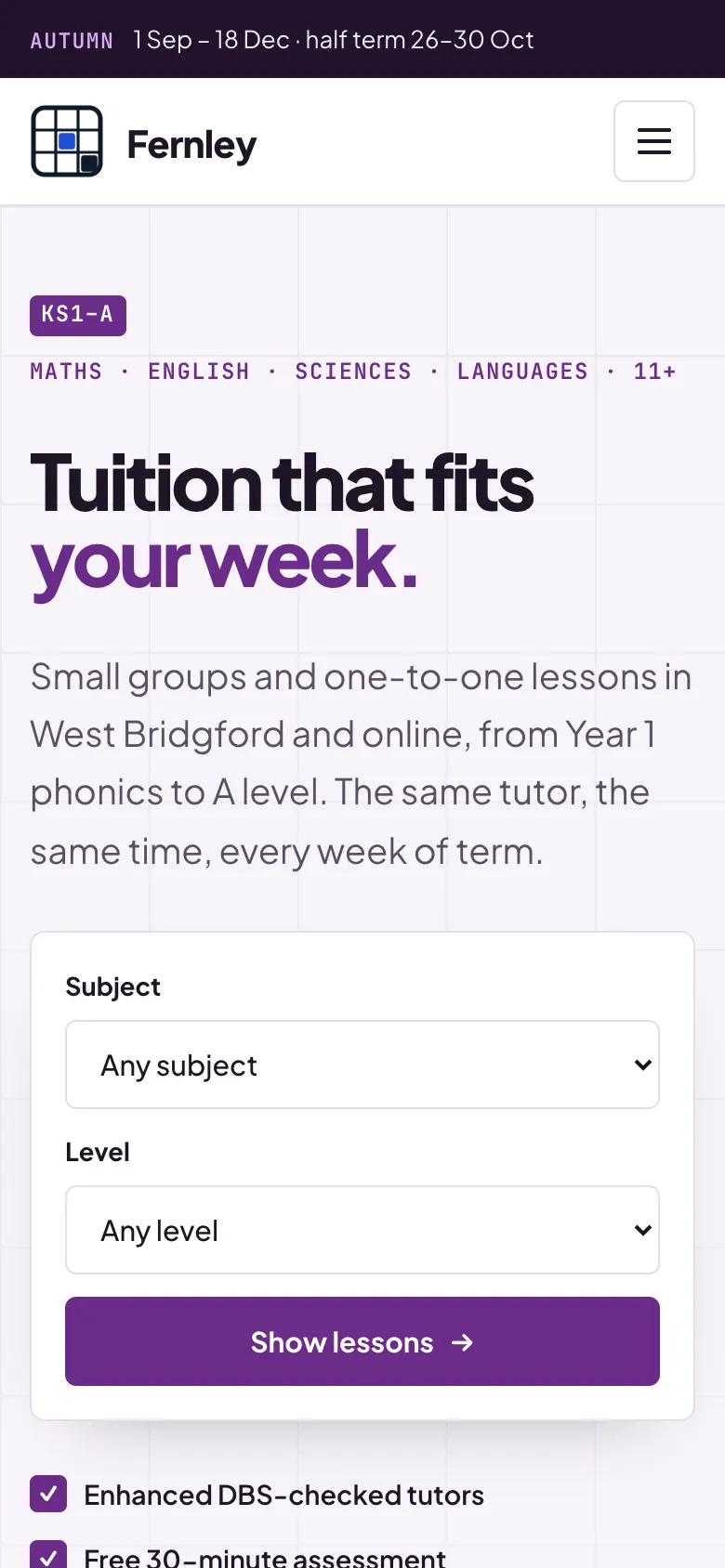 The Campus design with the Plum palette on a phone, with purple headings and buttons