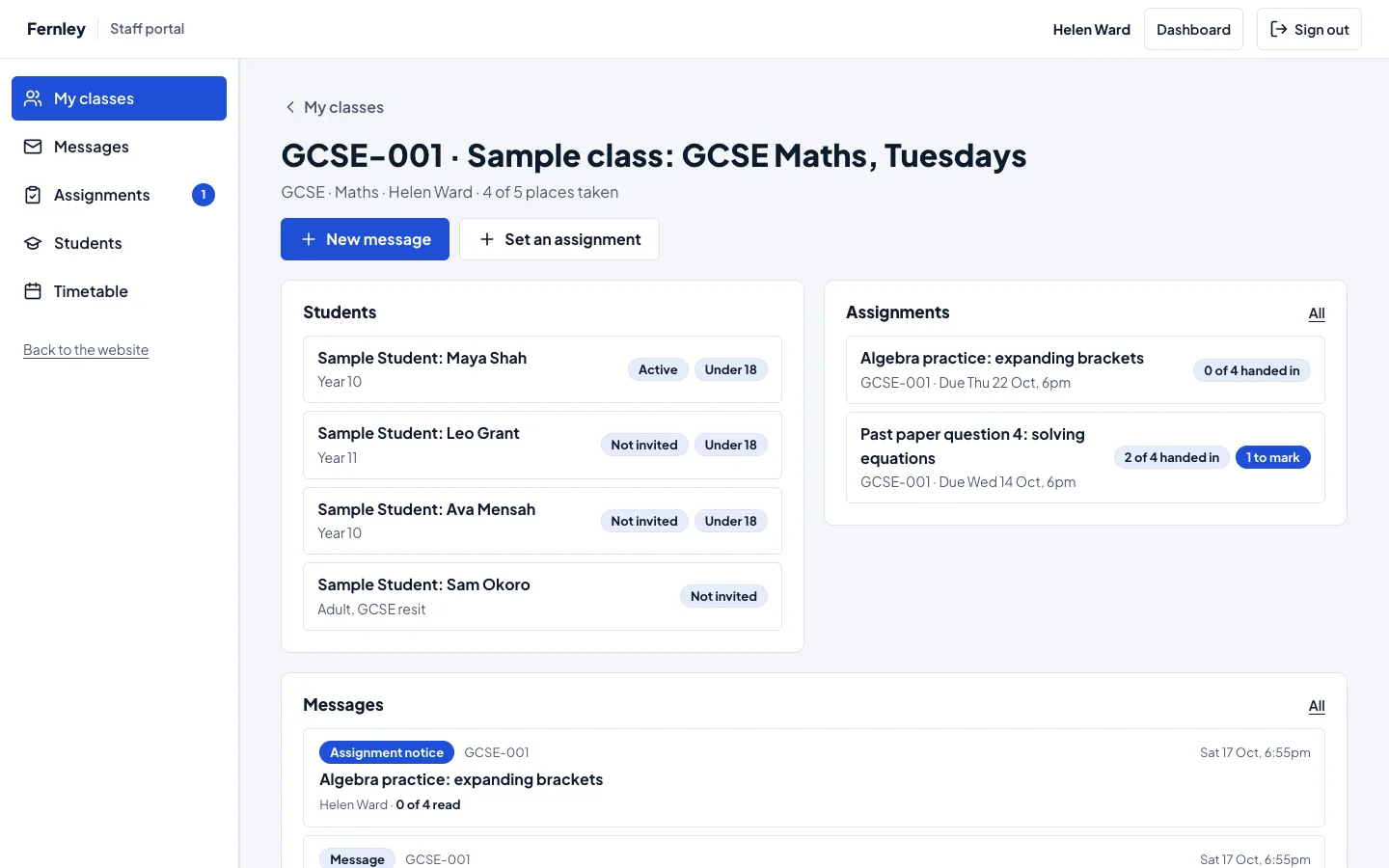 The class GCSE-001 in the staff portal: New message and Set an assignment, the four students with their account status and Under 18, the class's two assignments (0 of 4 and 2 of 4 handed in, 1 to mark) and its messages with read counts