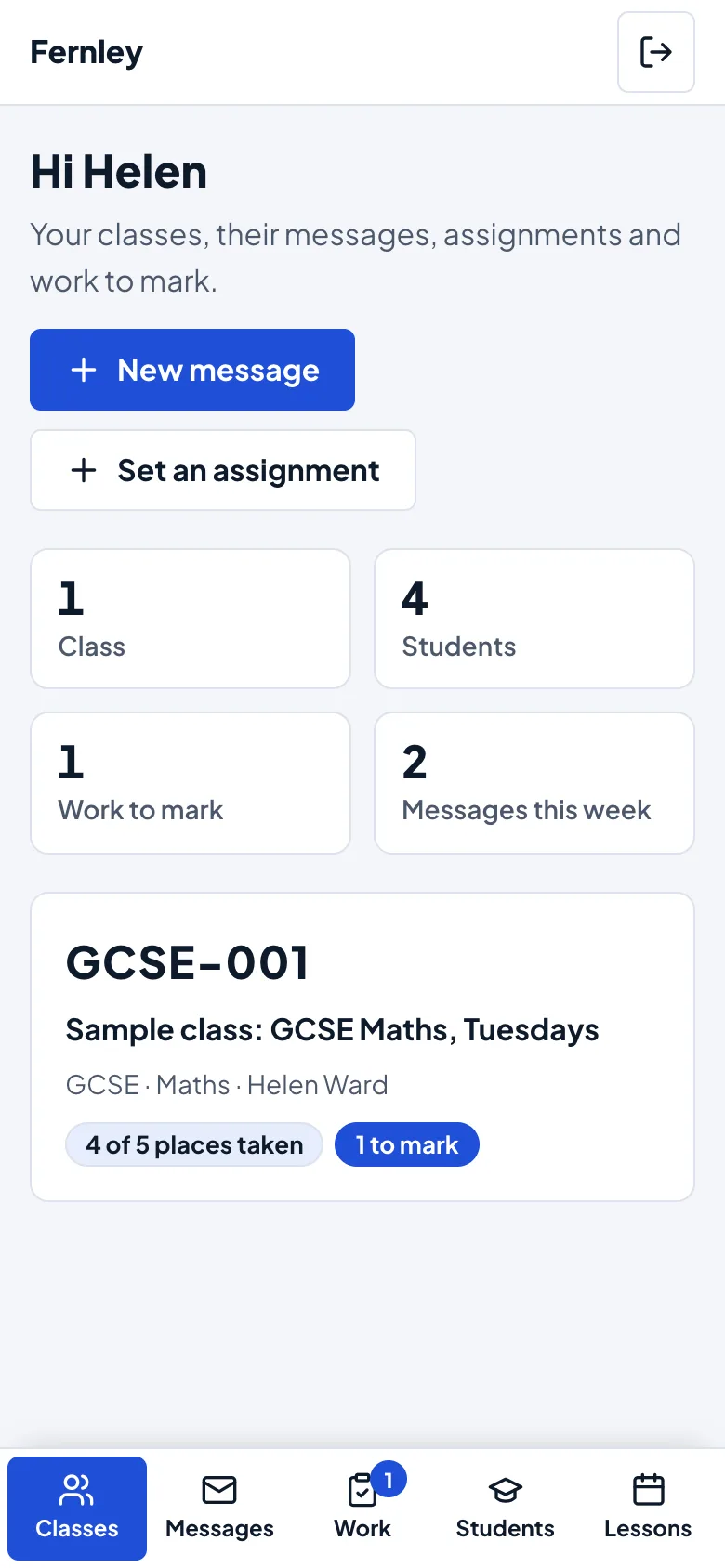 The staff portal on a phone: Hi Helen, the two buttons, the tiles two by two, the class card, and the tab bar at the bottom with Work showing 1