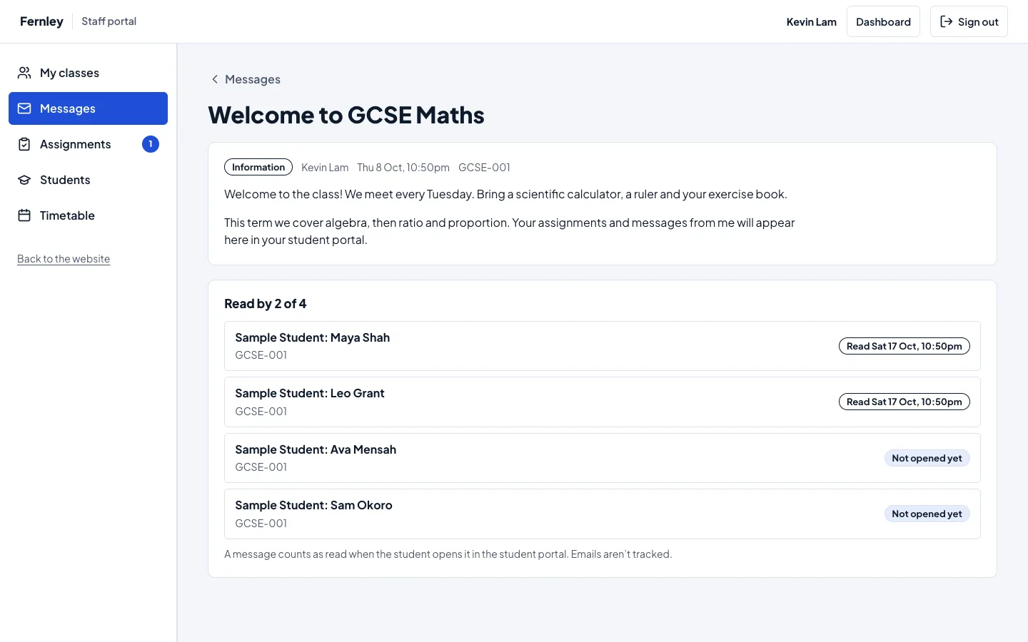 A sent message in the staff portal: the message, Welcome to GCSE Maths, then Read by 2 of 4 with each student: Maya Shah and Leo Grant read it on Saturday 17 October, Ava Mensah and Sam Okoro say Not opened yet