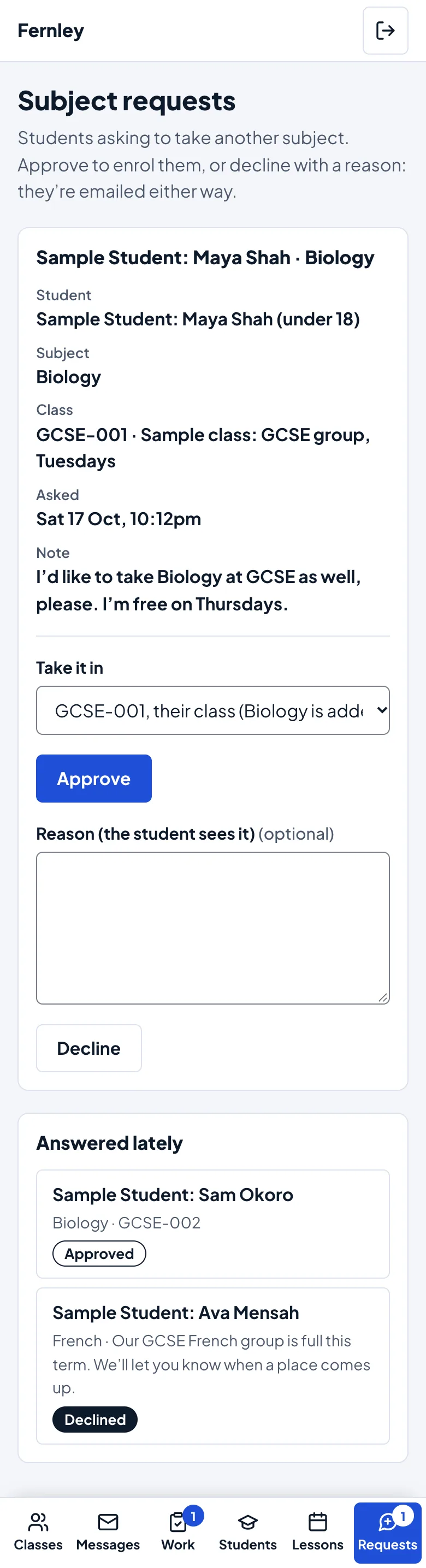 The Requests tab in the staff portal on a phone: one request from Maya Shah for Biology with the Take it in list and the Approve and Decline buttons, and the tab bar with Requests chosen