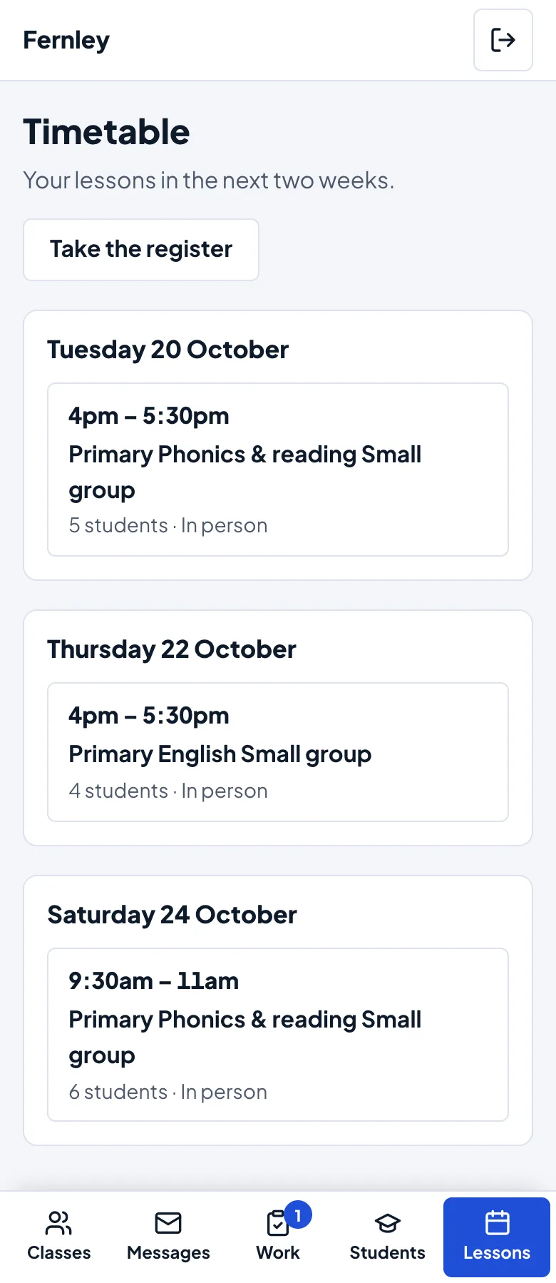 The Timetable on a phone: Tuesday 20, Thursday 22 and Saturday 24 October, each with its group session, the time, the number of students and In person, and Lessons chosen in the tab bar