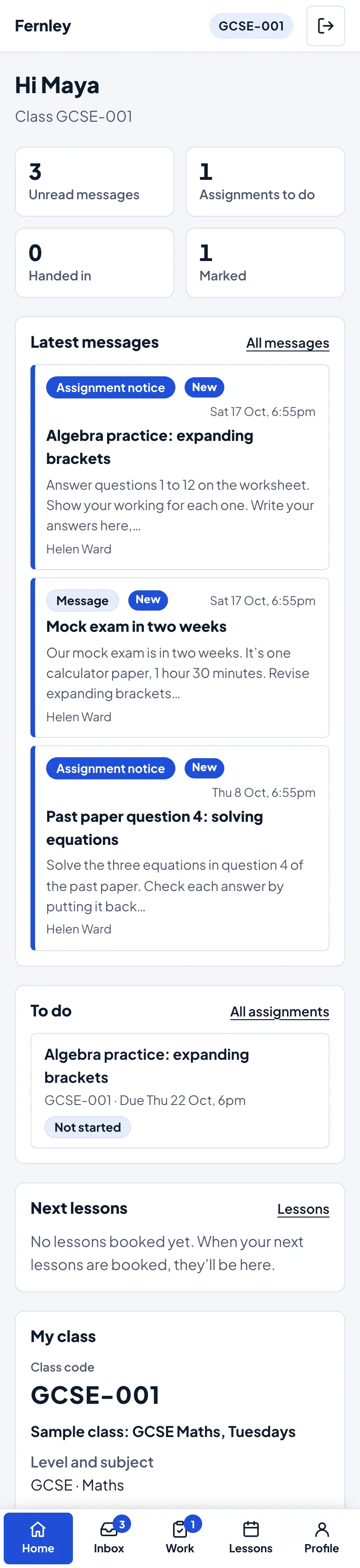Maya's student portal on a phone: the class code and the Sign out button at the top, the tiles two by two, her latest messages, and the tab bar at the bottom with Home, Inbox (with a 3), Work (with a 1), Lessons and Profile
