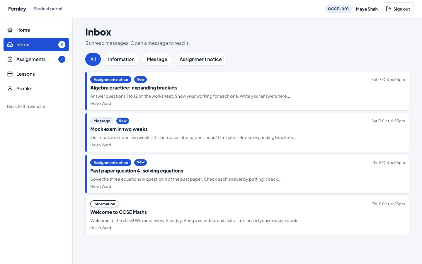 The Inbox: the filter buttons All, Information, Message and Assignment notice, then four messages, three of them marked New: the assignment notices for Algebra practice and Past paper question 4, Mock exam in two weeks, and Welcome to GCSE Maths, already read; each with its date, the first words and who sent it