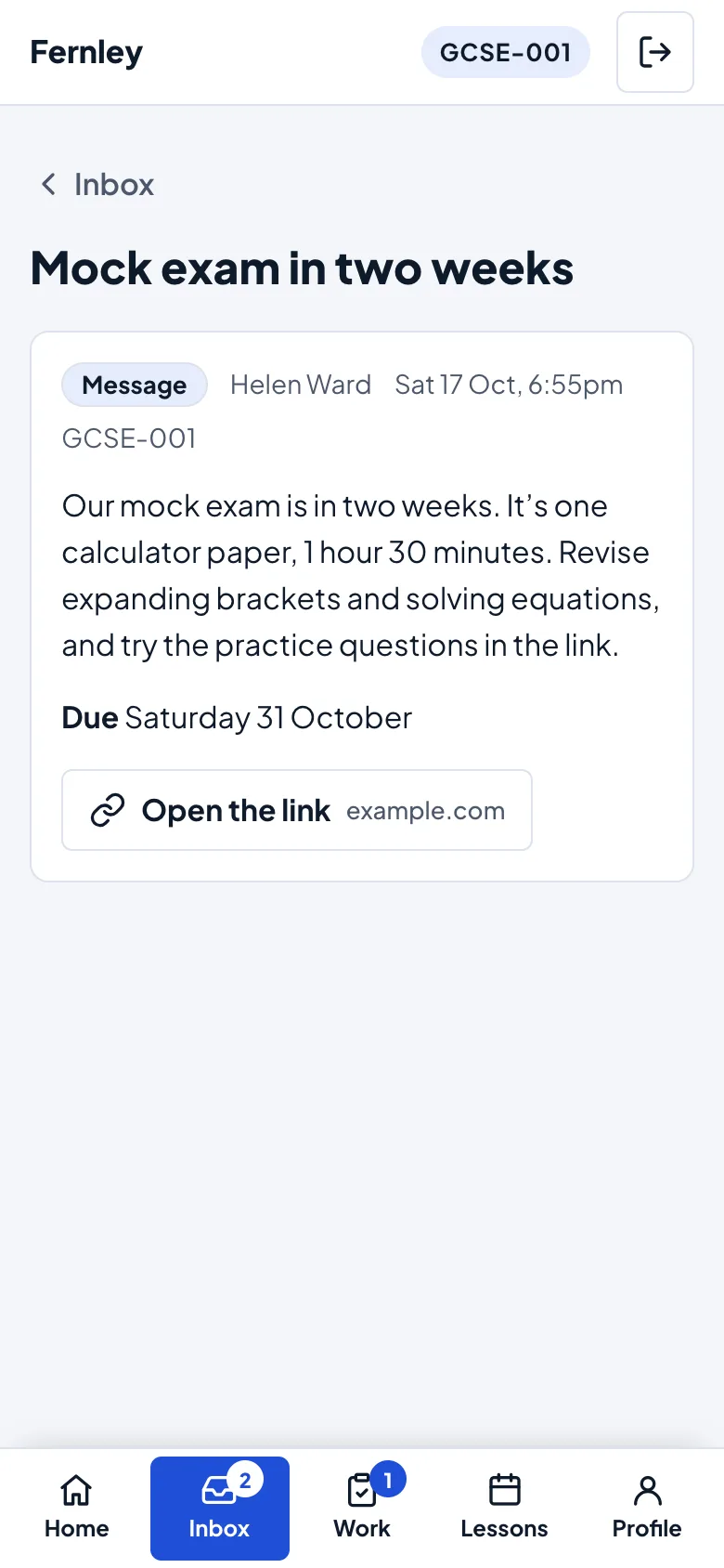 A message on a phone: Mock exam in two weeks, from Helen Ward to GCSE-001, with the message, due Saturday 31 October, an Open the link button, and the tab bar with Inbox chosen
