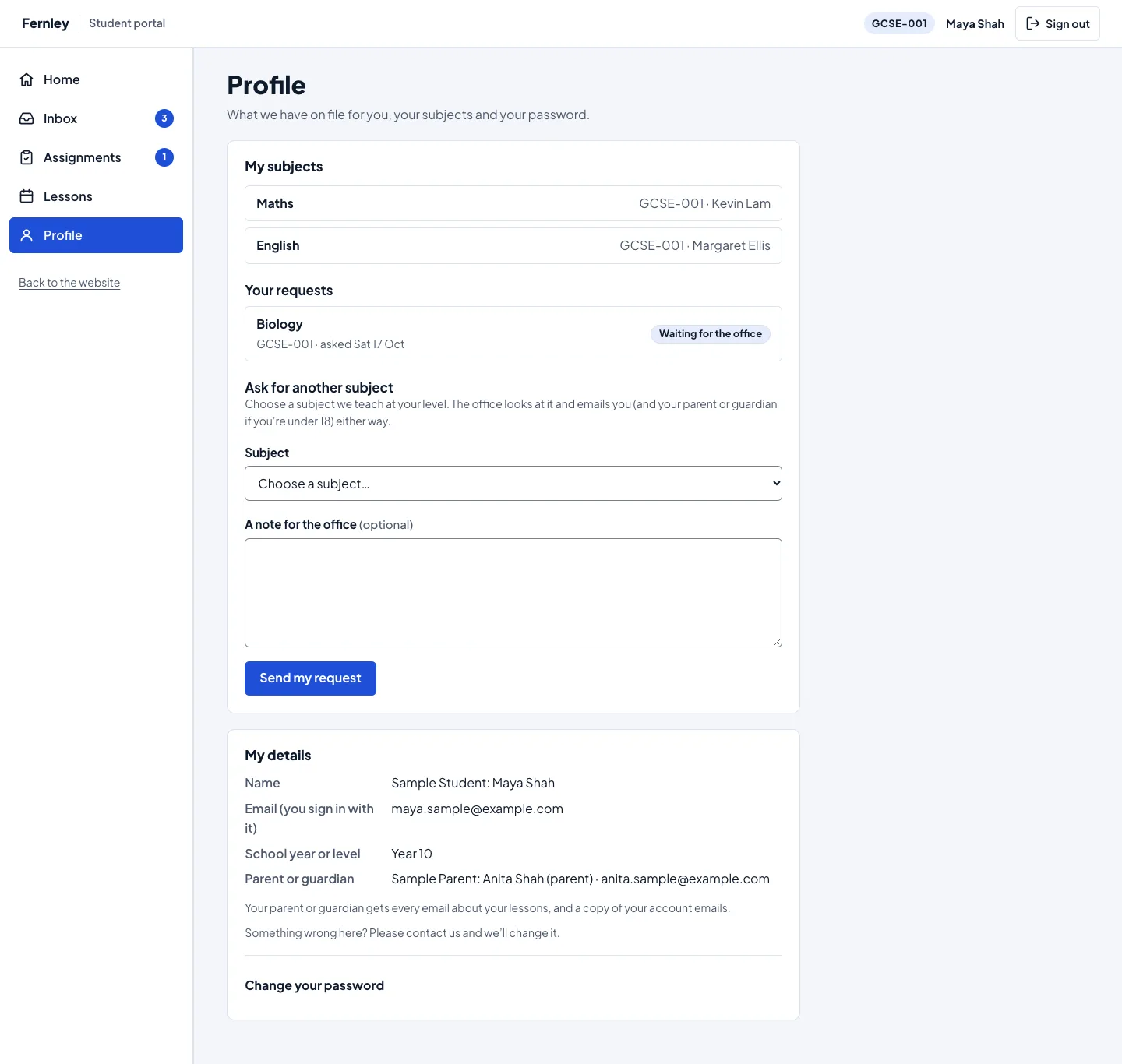 Maya's Profile in the student portal: My subjects (Maths with Kevin Lam and English with Margaret Ellis in GCSE-001), Your requests (Biology, Waiting for the office), and the Ask for another subject form with the Subject list and A note for the office
