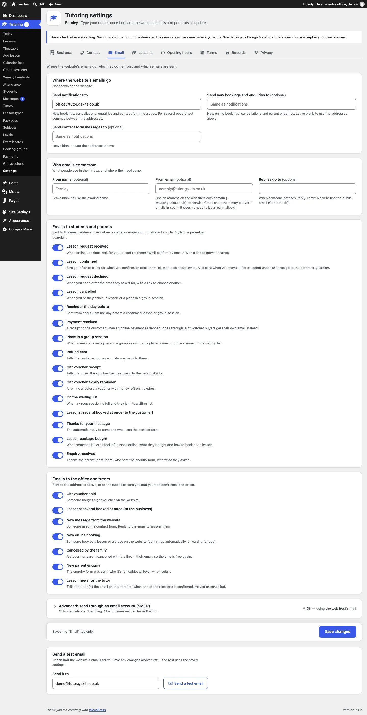 The Email tab: where the website's emails go (Send notifications to, Send new bookings and enquiries to, Send contact form messages to), who emails come from, the list of emails to students and parents and to the office and tutors with a switch for each, and Send a test email
