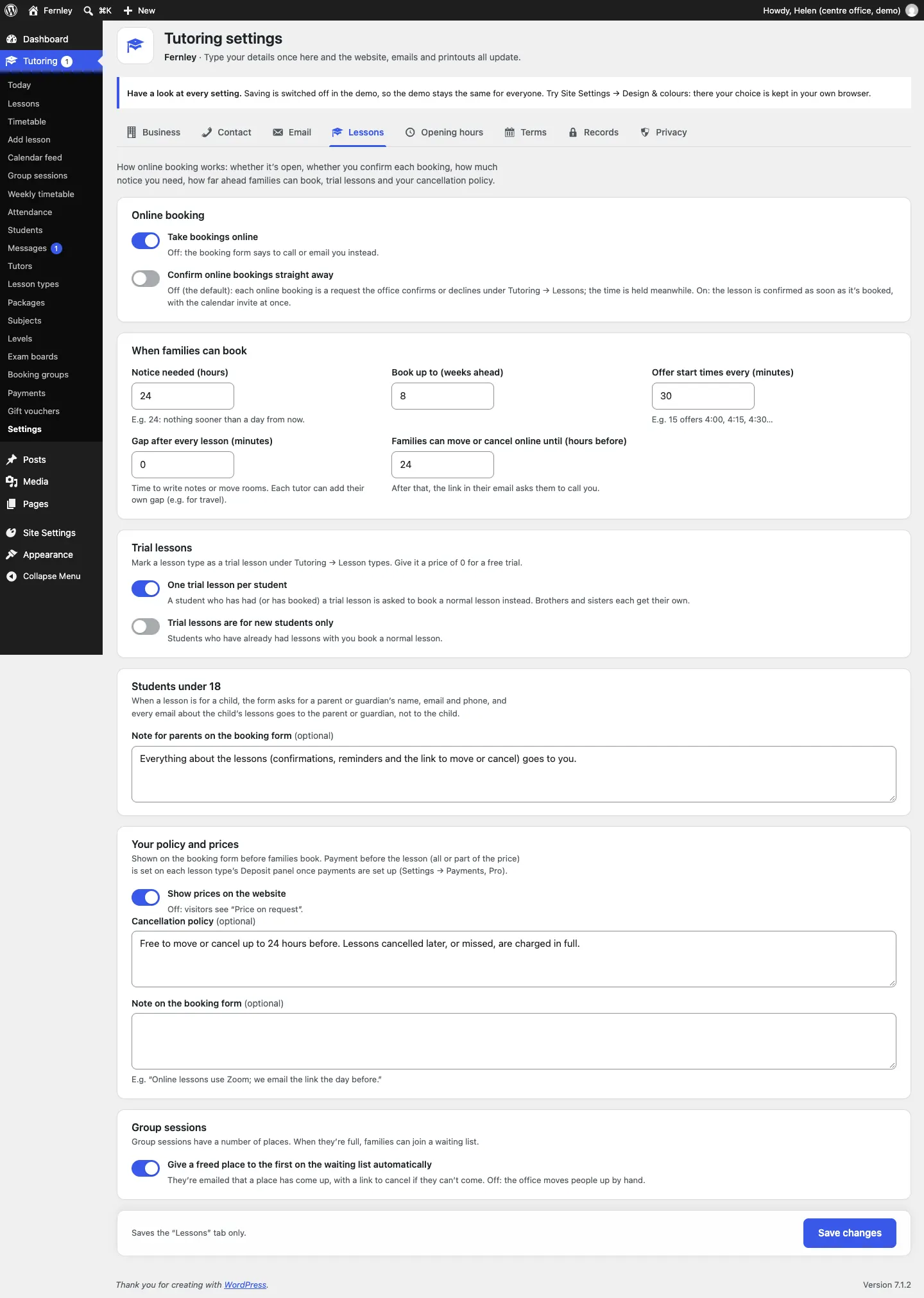 The Lessons tab of the Tutoring settings: online booking switches, when families can book, trial lessons, students under 18, your policy and prices, and group sessions