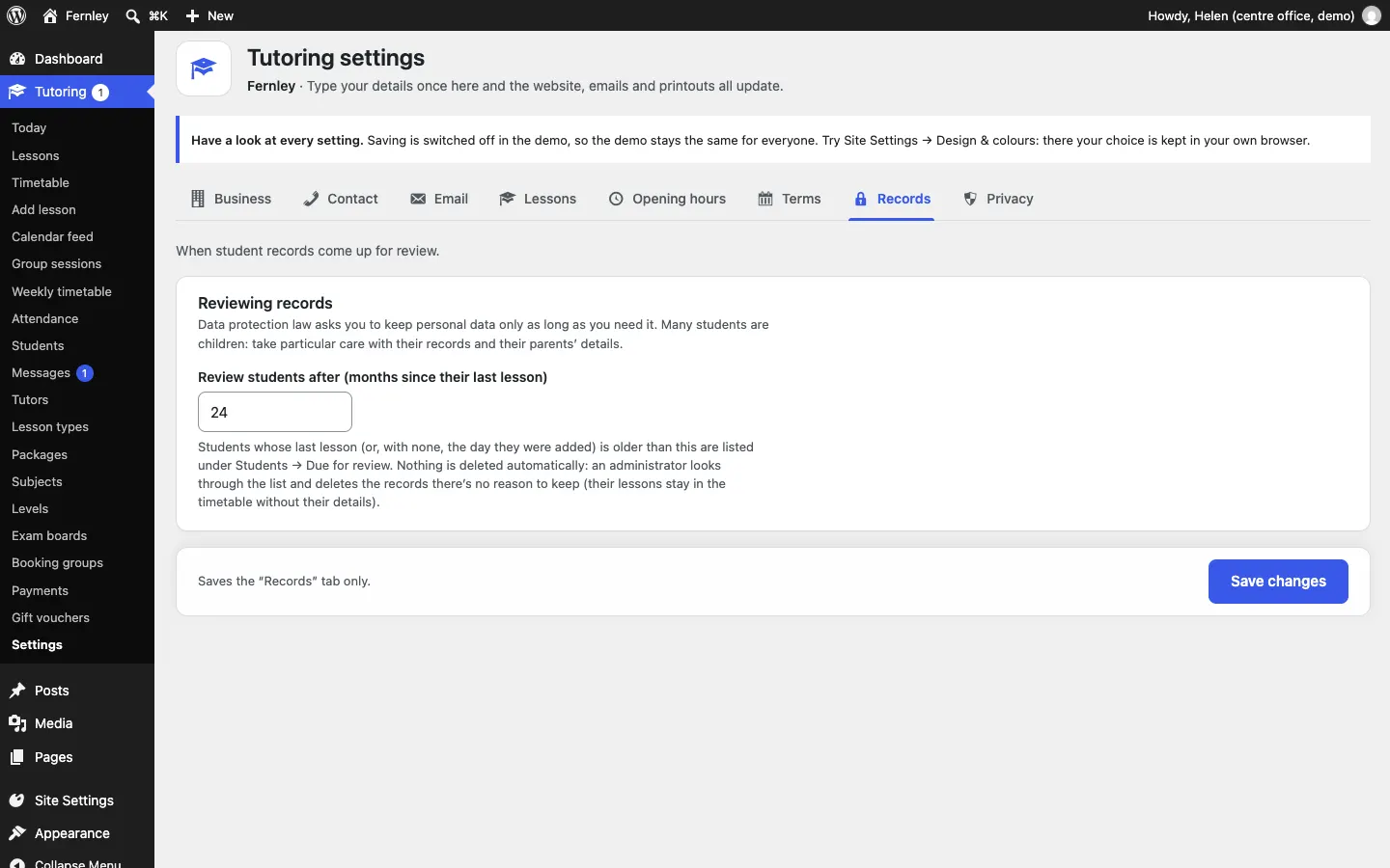 The Records tab with the note about data protection and the Review students after box