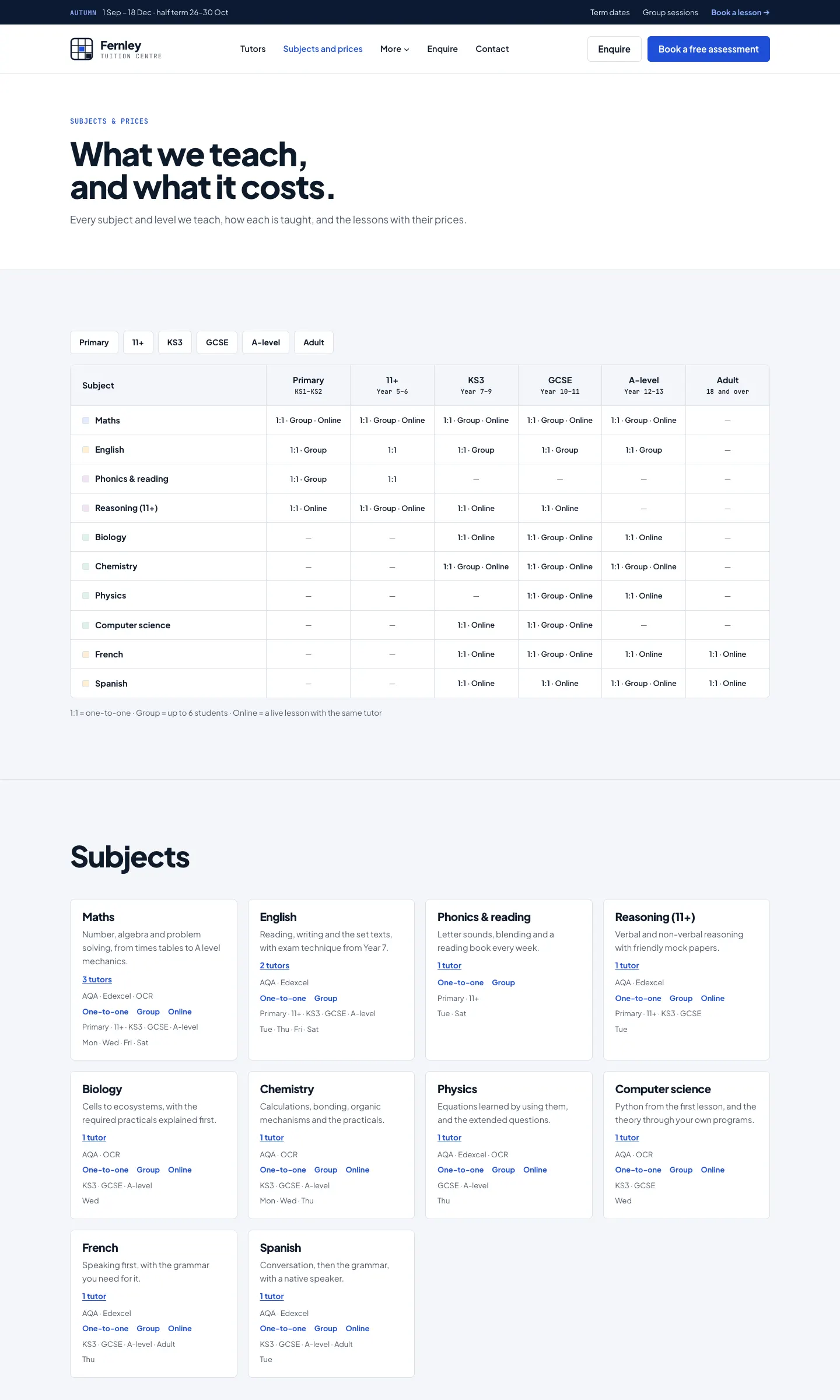 The Subjects and prices page: level buttons, the table of subjects by level showing one-to-one, group and online, and the list of subjects with their tutors and exam boards